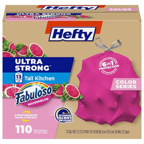 Hefty Ultra Strong 13 Gallon Trash Bags, Tall Kitchen Trash Bags 13 Gallon Size, Resist Leaks, Punctures, and Rips, Continuous Odor Control, Pink, Fabuloso Watermelon Scent, 110 Bags - size: 1 Count (Pack of 110), style: Fabuloso Watermelon- Pink