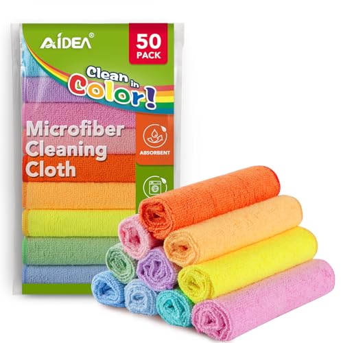 AIDEA Microfiber Cleaning Cloth, 50PK, Lint-Free Vibrant Cleaning Rags, Microfiber Towels for Cars, Kitchen Cloth, Dusting Cloth for Home, Window, Cleaning Supplies, 11.5"×11.5" - color: Multi-colored