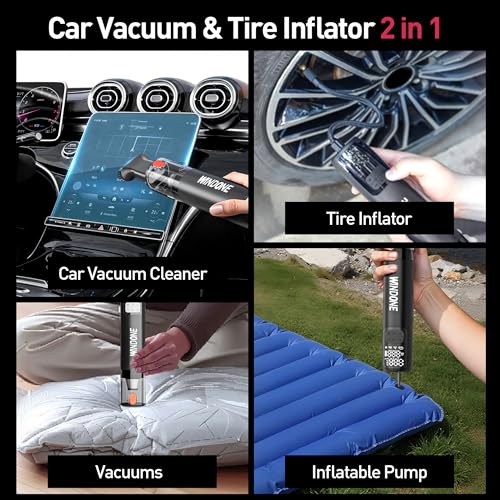 Windone Car Vacuum, 12000Pa 2-in-1 Cleaner & Tire Inflator 150PSI, 60W Brushless Motor, Cordless Handheld Vacuum & Air Pump with Pressure Gauge, LED Light, Multi-Nozzles for Car, Home, Office