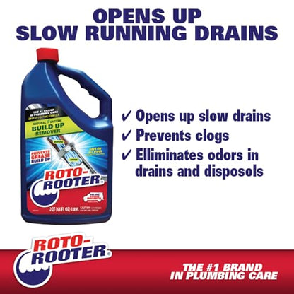 Roto-Rooter Build-Up Remover Drain Cleaner, Enzyme-Based Formula Helps Prevent Clogs and Grease Buildup, Removes Odor, Safe for Septic Systems, Pipes, Toilets, Drains and Sinks, 64 oz (Pack of 2) - size: 3.50 L x 5.75 W x 10.88 H (Pack of 2)