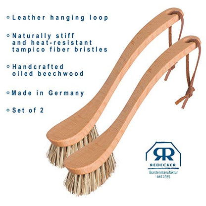 REDECKER Curved Dish Brush, Natural Union Plant Fiber Bristles, Ergonomic Design with Oiled Beechwood Handle, 9-1/4 Inches, Set of 2, Made in Germany - Natural Bristle Dish Brush - size: Set of 2, 9-1/4-Inches