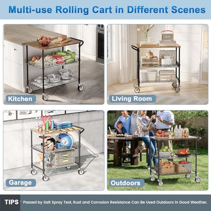 Leteuke Rolling Kitchen Carts with Wheels, 34" L x 17.5" W, 3-Tier Heavy Duty Utility Cart with Wood Tabletop, NSF Commercial Metal Serving Cart with Handle and Shelf Liner for Kitchen, Black - color: Wood-black