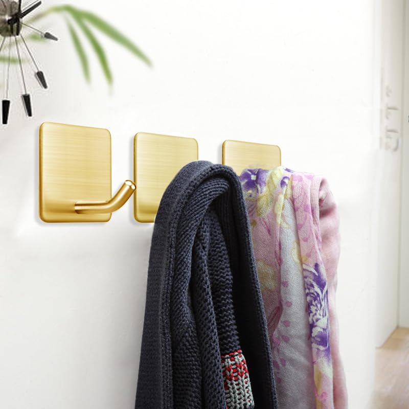 FOTYRIG Golden Stainless Steel Square Self Adhesive Hooks - Extra-Long Anti-Slip with Upgraded Adhesive, Holds 15lb Heavy Duty Wall Hooks for Kitchen, Bathroom, Garage -4 Packs - color: Gold