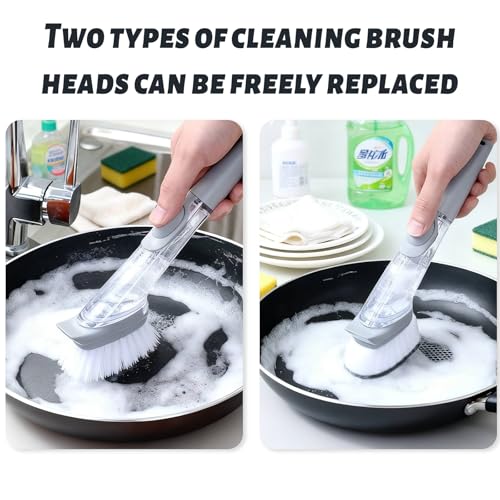 Dish Brush,Dish Scrubber with Soap Dispenser Dish Wand Kitchen Brushes for Dishes Includes Three Brush Heads