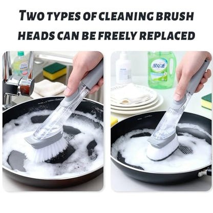 Dish Brush,Dish Scrubber with Soap Dispenser Dish Wand Kitchen Brushes for Dishes Includes Three Brush Heads