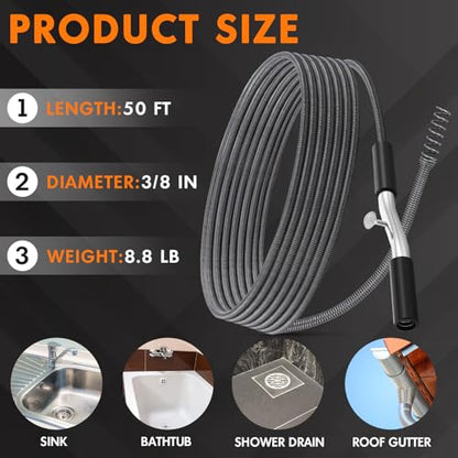 Threlaco 50 ft Drain Auger Plumbing Snake for Heavy Deep Blockages 3/8" Diameter Flexible Plumbing Cables Drain Snake for Kitchen Bathroom Shower Sink Cleaning Drainage Clogs - size: 50 Ft, 3/8" Diameter