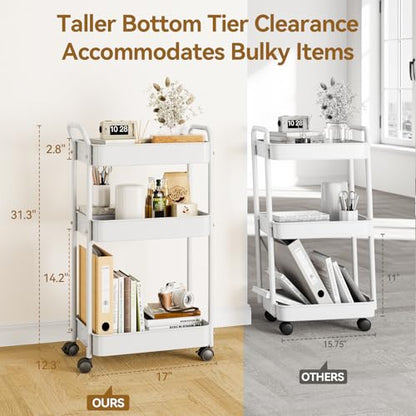 YASONIC 3-Tier Metal Rolling Cart, Sturdy Storage Utility Carts with Wheels, Multifunction Craft Art Organizer for Bedroom, Laundry, Garage, Office, Nursery, Bathroom, Easy Assembly (White) - color: White