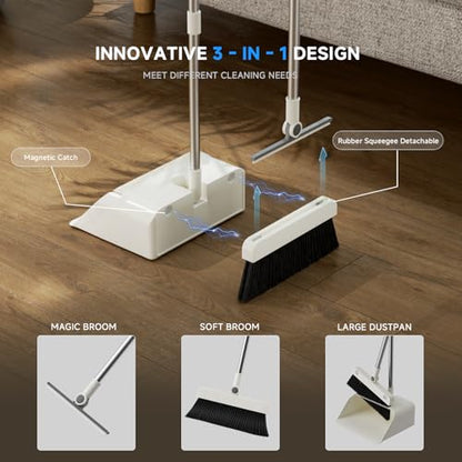 Magnetic Broom and Dustpan Set with Silicone Broom Squeegee, 55'' Broom with Dustpan Combo Set Self-Cleaning Teeth Design Upright Standing Dustpan Blue Microfiber Cloth for Indoor Floor Home Kitchen - color: Set With Blue Cloth