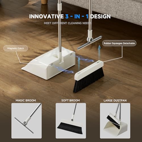 Magic Broom and Dustpan Set with Silicone Broom Squeegee, 55'' Broom with Dustpan Combo Set Self-Cleaning Teeth Design Upright Standing Dustpan for Indoor Floor Home Kitchen - color: Set (No) Cloth