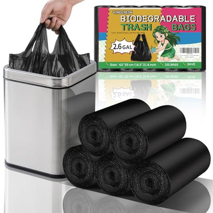 2.6 Gallon Small-Trash-Bag With Handles - Black Bathroom Mini Garbage Bags 100 Count Biodegradable 10 Liter Unscented Little Wastebasket Liners For Car Office Kitchen - color: 2.6gal100-BlackWithHandle