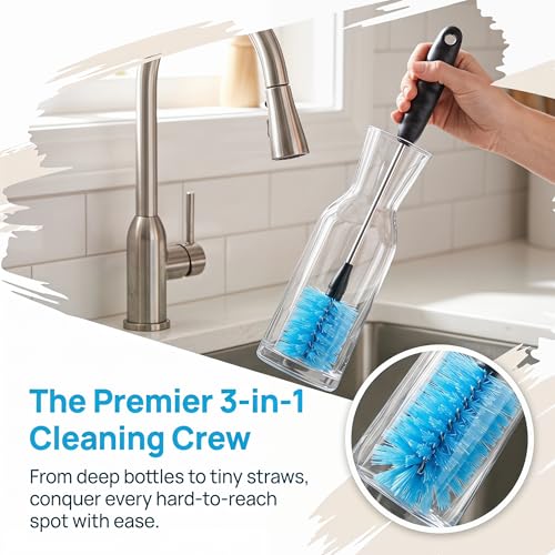 3-in-1 Stainless Steel Bottle Brush Set of Three, Straws, Water Bottles, Glasswares, Baby Bottles, Mugs, Flasks, Tumblers, Vases, to-go Cups, Long-Handled Round Head
