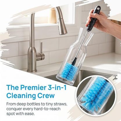 3-in-1 Stainless Steel Bottle Brush Set of Three, Straws, Water Bottles, Glasswares, Baby Bottles, Mugs, Flasks, Tumblers, Vases, to-go Cups, Long-Handled Round Head