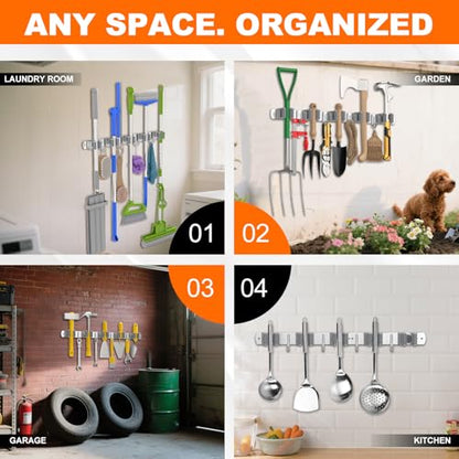 Broom Holder Wall Mount, Mop and Broom Organizer Broom Hanger Storage Tool Utility Racks Stainless Steel Wall Hooks Solid Mop Rack for Home Kitchen Garden Laundry Garage (5 Racks 4 Hooks) - size: 5 Racks 4 Hooks