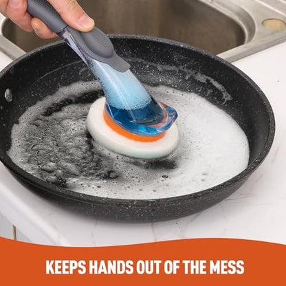CLEANHOME Dish Wand with Soap Dispenser Scrubber Brush | With 6 Replaceable Magic Tape Sponge Pads for Cleaning Dishes, Kitchen Sink, Pots, Pans, Toilet & Bathtub