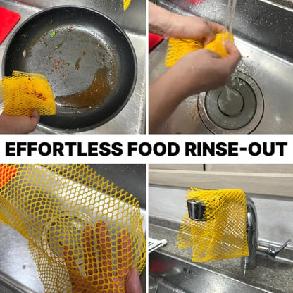 Mesh Dish Scrubber [4-Pack], Innovative Net Dish Cloths for Kitchen Cleaning, Non-Scratch & Fast Drying Scrubber for Pots, Pans, and Dishes (2 Yellow & 2 Pink)
