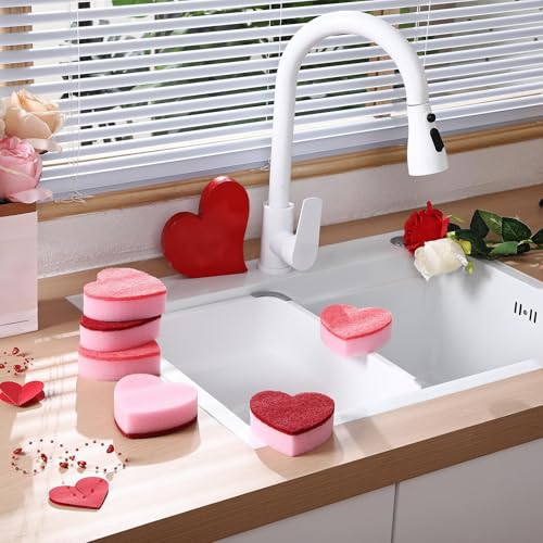 Breling 6 Pcs Heart Shaped Scrub Sponges Valentine Gifts Dual-Sided Kitchen Sponge Heart Kitchen Scrubber for Washing Dishes Pots Pans Household Bathroom Cleaning(Red)