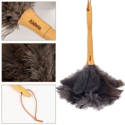 Genuine Ostrich Feather Duster, 16 inch Gray Ostrich Feather Duster with Wood Handle, Reusable Car Dusters, Eco-Friendly Handheld Cleaning Dusters for Home, Office and Kitchen - color: Gray Brown Classic
