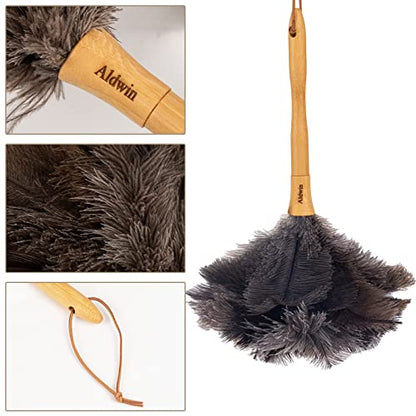 Genuine Ostrich Feather Duster, 16 inch Gray Ostrich Feather Duster with Wood Handle, Reusable Car Dusters, Eco-Friendly Handheld Cleaning Dusters for Home, Office and Kitchen - color: Gray Brown Classic