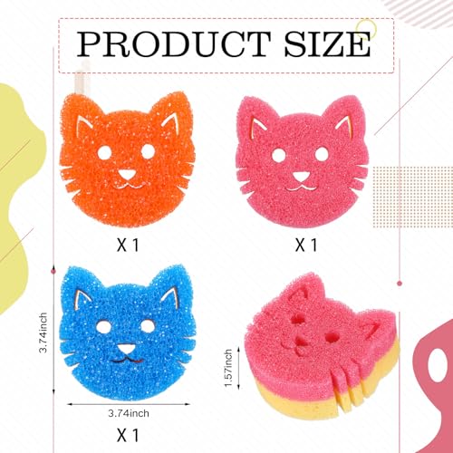 FillTouch 3 Pcs Dual Sided Scrub Sponge Multi Functional Cute Temperature Sensitive Non Scratch Dish Sponge for Washing Dishes Kitchen Bathroom (Cat,Pink, Orange, Royal Blue) - color: Pink, Orange, Royal Blue, style: Cat