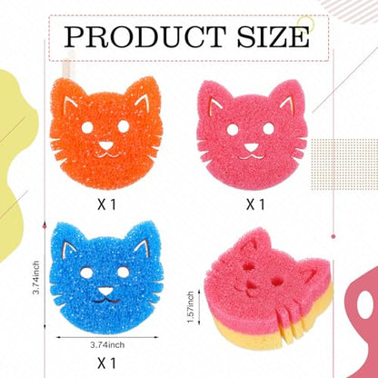 FillTouch 3 Pcs Dual Sided Scrub Sponge Multi Functional Cute Temperature Sensitive Non Scratch Dish Sponge for Washing Dishes Kitchen Bathroom (Cat,Pink, Orange, Royal Blue) - color: Pink, Orange, Royal Blue, style: Cat