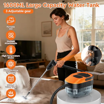 Steam Cleaner for Home & Car, 15s Fast Heat Handheld Steamer for Cleaning, 1.6L Large Tank, 3-Level Steam Control with 16-Piece Accessories Kit for Floors, Couches, Tiles, Grout, Dirt, and Grease