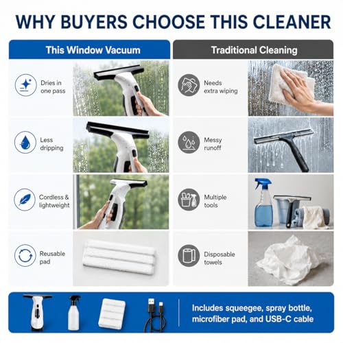 Window Vacuum Squeegee Cordless, Electric Window Cleaner with 2000Pa Suction, Window Vacuum Cleaner Tool with 2200mAh Battery for Shower Glass Doors, Mirrors, Tiles and Car Windows (White)