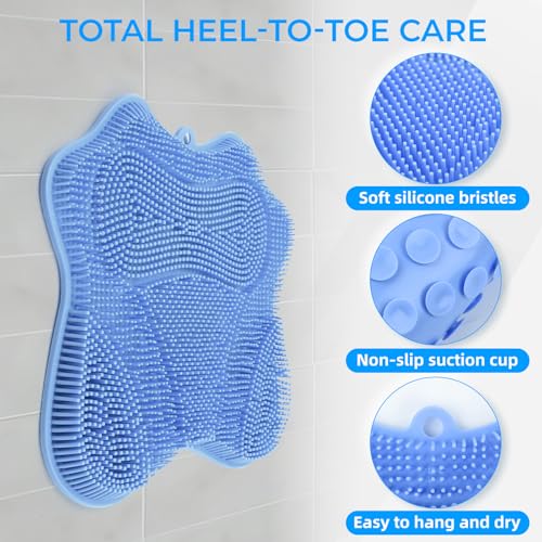 Silicone Foot Scrubber Mat for Shower Bath Foot and Back, Shower Feet Brush Pad with Wall-Mounted Suction Cups (Blue) - color: Blue