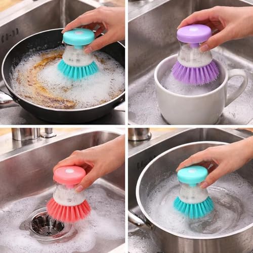 Soap Dispensing Dish Scrub Brush with Liquid Dispenser, Multicolour, Plastic, 3.5 Inches, Kitchen Sink Cleaner Dish Washer and Other Household Cleaner (Pack of 4) - size: PACK OF 4