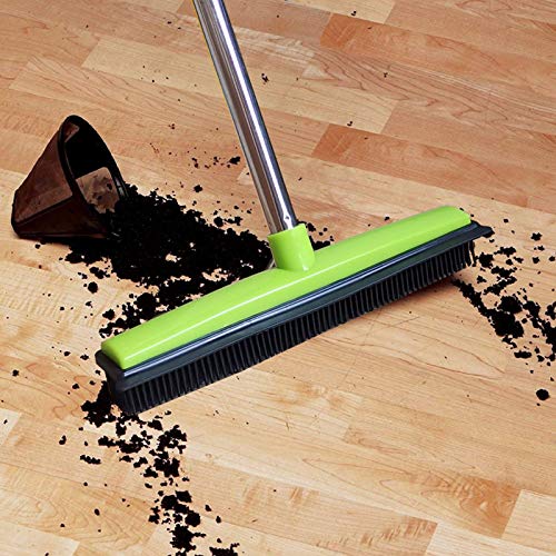 Telescopic Rubber Broom with Squeegee, Multifunction Adjustable Pet Hair Removal Carpet Rake for Fluff Rug Hardwood Floor (Green) - color: Green