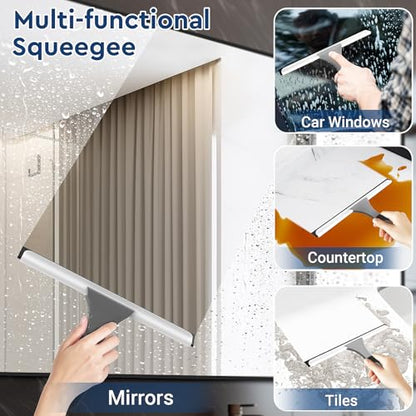 All-Purpose Silicone Shower Squeegee for Glass, Window, Door, Mirror, Car Windshield & Tile Wall, Portable Cleaner Tools, Includes One Hook & One Adhesive,10 Inches (Gray)