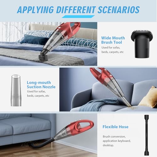 FUOAYOC Handheld Vacuum Cordless,Car Cordless Rechargeable, 6KPA Powerful Suction Hand Held Vacuum with LED Light/Multi Accessories, 1.6lbs Mini Portable Vacuum Cleaner for Home/Car/Office Cleaning