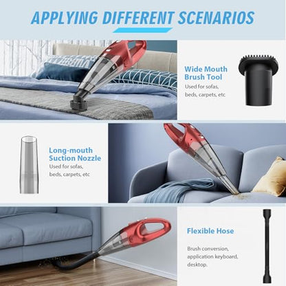 FUOAYOC Handheld Vacuum Cordless,Car Cordless Rechargeable, 6KPA Powerful Suction Hand Held Vacuum with LED Light/Multi Accessories, 1.6lbs Mini Portable Vacuum Cleaner for Home/Car/Office Cleaning