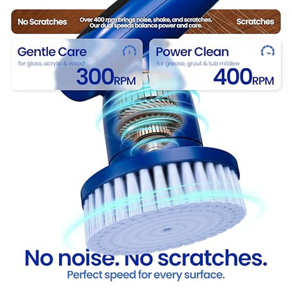 2026 Upgraded Electric Spin Scrubber: 120 Min Runtime, IPX7 Waterproof Cordless Power Scrubber, Adjustable Extension Handle, 8 Heads, 2 Speeds for Shower, Tub, Tile & Floor