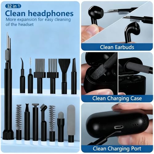 32 in 1 Cell Phone Cleaning kit with Charging Port Cleaner,Stylus Pen,SIM Tool,Keyboard Brush,Speaker Brush,Electronic Cleaning kit for iPhone,AirPods,iPad,Keyboard,MacBook,Earbud,Camera Lens(Black) - color: Black
