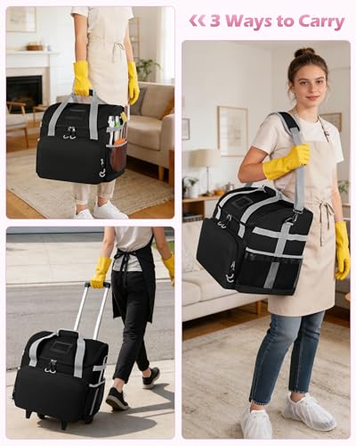 Marscamd Large Rolling Cleaning Caddy Bag with Detachable Trolley, Cleaning Supplies Organizer with Wheels for Housekeepers, Black - color: Black