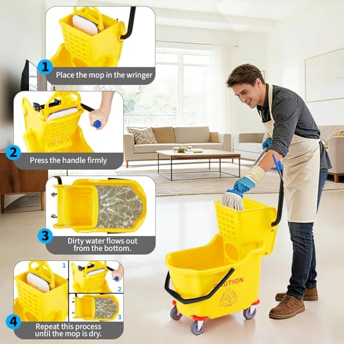 Heavy Duty 32L Commercial Mop and Bucket Set – Double Bucket Floor Cleaning System with Side Press Wringer, Rolling Wheels, for Janitorial, Restaurant, Office, Industrial Use – Yellow