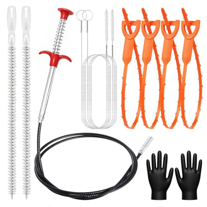 10PCS Drain Snake Kit, 63" Heavy Duty Plumbing Auger, 60" Sink Snake Brush, 20" Clog Remover, 18" Cleaning Brush with Gloves, Pipe Cleaner for Kitchen Sink, Bathtub, Toilet, Sewer Drainage - style: Pack of 10PCS