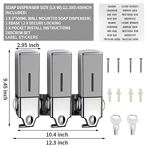 3 x 500ml per Cup Wall Mounted Manual Soap Dispenser for Home, Bath, Kitchen, Hotels, Restaurants. Shower and Lotion (Grey), Grey,transparent - color: Grey,transparent, size: 3 Chamber