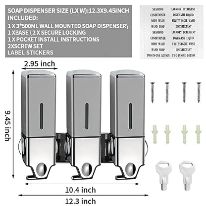 3 x 500ml per Cup Wall Mounted Manual Soap Dispenser for Home, Bath, Kitchen, Hotels, Restaurants. Shower and Lotion (Grey), Grey,transparent - color: Grey,transparent, size: 3 Chamber