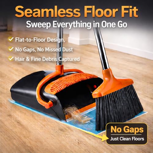 Broom and Dustpan Set with Long Handle, Upright Standing Self-Cleaning Combo, Windproof Dustpan with 6 Bonus Cleaning Tools for Pet Hair, Home, Kitchen, Garage & Apartment - color: Orange&black