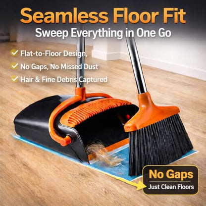 Broom and Dustpan Set with Long Handle, Upright Standing Self-Cleaning Combo, Windproof Dustpan with 6 Bonus Cleaning Tools for Pet Hair, Home, Kitchen, Garage & Apartment - color: Orange&black