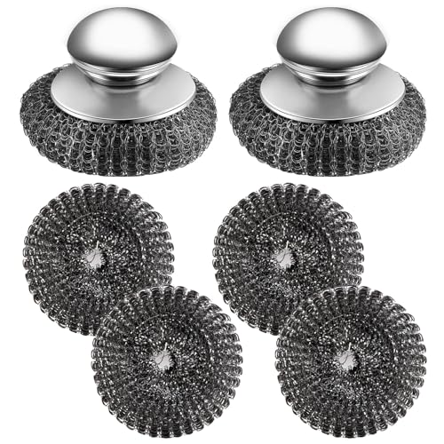 2Pcs Stainless Steel Wool Scrubber with Handle, 4 Replacement Steel Scrubber Wool Pads，Stainless Steel Scrubber for Cleaning Cast Iron, Dishes, Kitchen Pots, Pans, Grills, Stoves, Sink