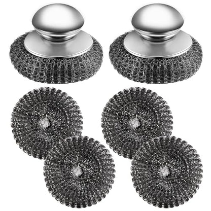 2Pcs Stainless Steel Wool Scrubber with Handle, 4 Replacement Steel Scrubber Wool Pads，Stainless Steel Scrubber for Cleaning Cast Iron, Dishes, Kitchen Pots, Pans, Grills, Stoves, Sink