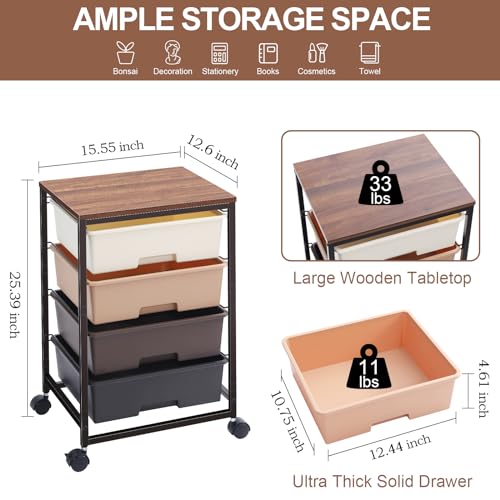SYKIARIOL Utility Cart with 4 Drawers,Rolling Storage Cart with Drawers,Storage Rolling Drawer Cart,Brown - color: Dark Brown