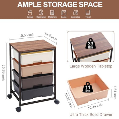 SYKIARIOL Utility Cart with 4 Drawers,Rolling Storage Cart with Drawers,Storage Rolling Drawer Cart,Brown - color: Dark Brown
