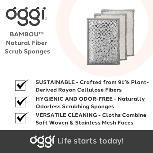 OGGI Bambou Odor-Free Scrubbing Sponges - Natural Scrub Sponges for Dishes, 91% Bamboo-Derived Rayon Cellulose Fiber, Reusable, Absorbent, Durable Scrubbers, Non-Scratch, Washable - 3 pcs, 7x4 - color: White/Gray