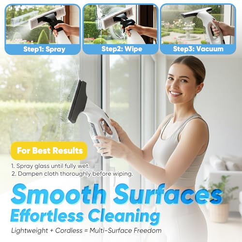 Cordless Window Vacuum Squeegee with Detachable Water Tank, 2000Pa Strong Suction, Rechargeable Glass Cleaner for Windows, Shower, Mirror & Tiles, Lightweight 2-in-1 Wiper with Microfiber Pad