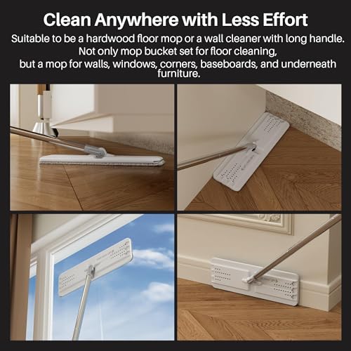 JOYMOOP Mop and Bucket Set for Home and Commercial Use, Flat Mop System with 3 Reusable Microfiber Pads, Floor and Wall Cleaner - color: White Standard243