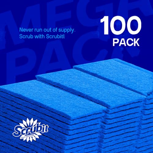 SCRUBIT Scouring Pad 100 Pack - Heavy Duty Scrub Pads for Cleaning Dishes - Non-Scratch Reusable Scrubbing - Blue (100)