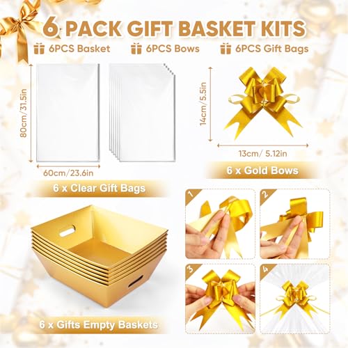 AFOROEOA 6PACK Gold Baskets for Gifts Empty, 12x10x4” Thick Cardboard Gift Basket Kit with 6 Bows & 6 Bags - Kraft Empty Gift Baskets for Christmas, Weddings, Birthdays, Holiday Gifting - color: 6 Gold